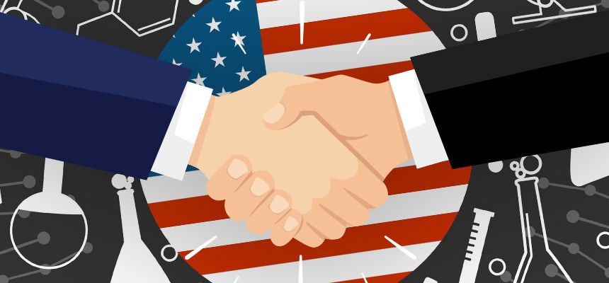 Illustration of shaking hands in front of an American flag and chemistry-themed icons